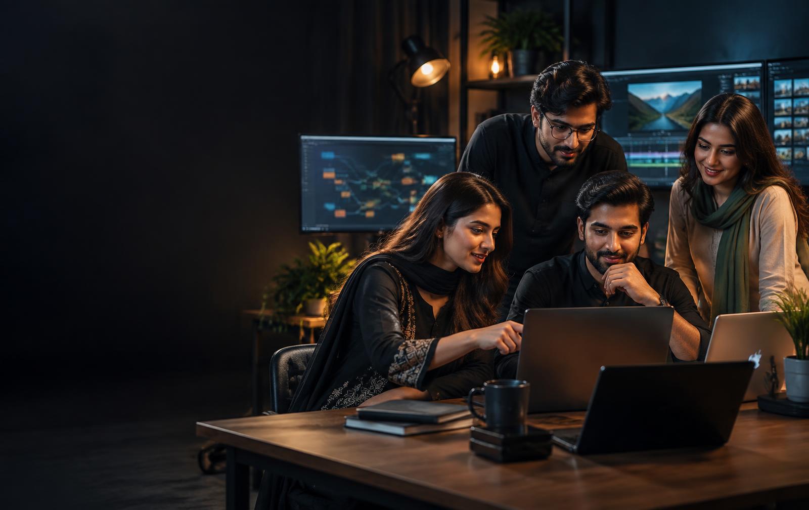 Young professionals collaborating in a modern technology studio